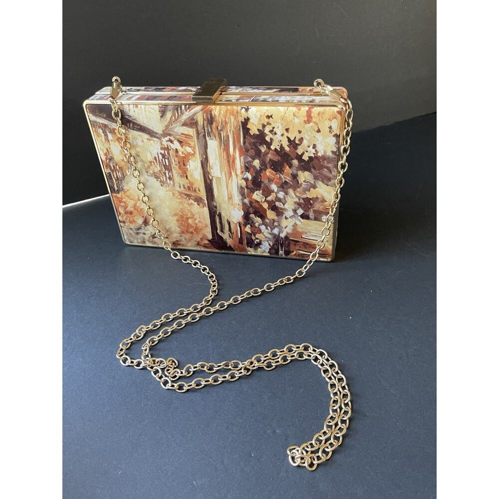Sondra Roberts Clutch Handbag Purse Gold Trimmed Abstract Print Chain Cocktail
